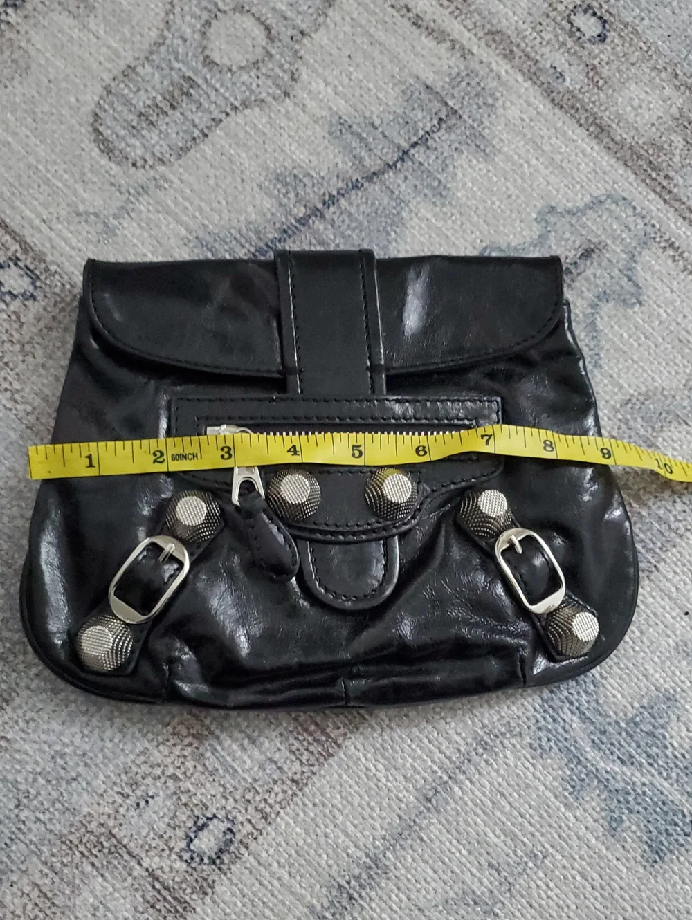 Balenciaga Shiny Black Leather and Silver Pouch Flap Clutch Bag With Mirror